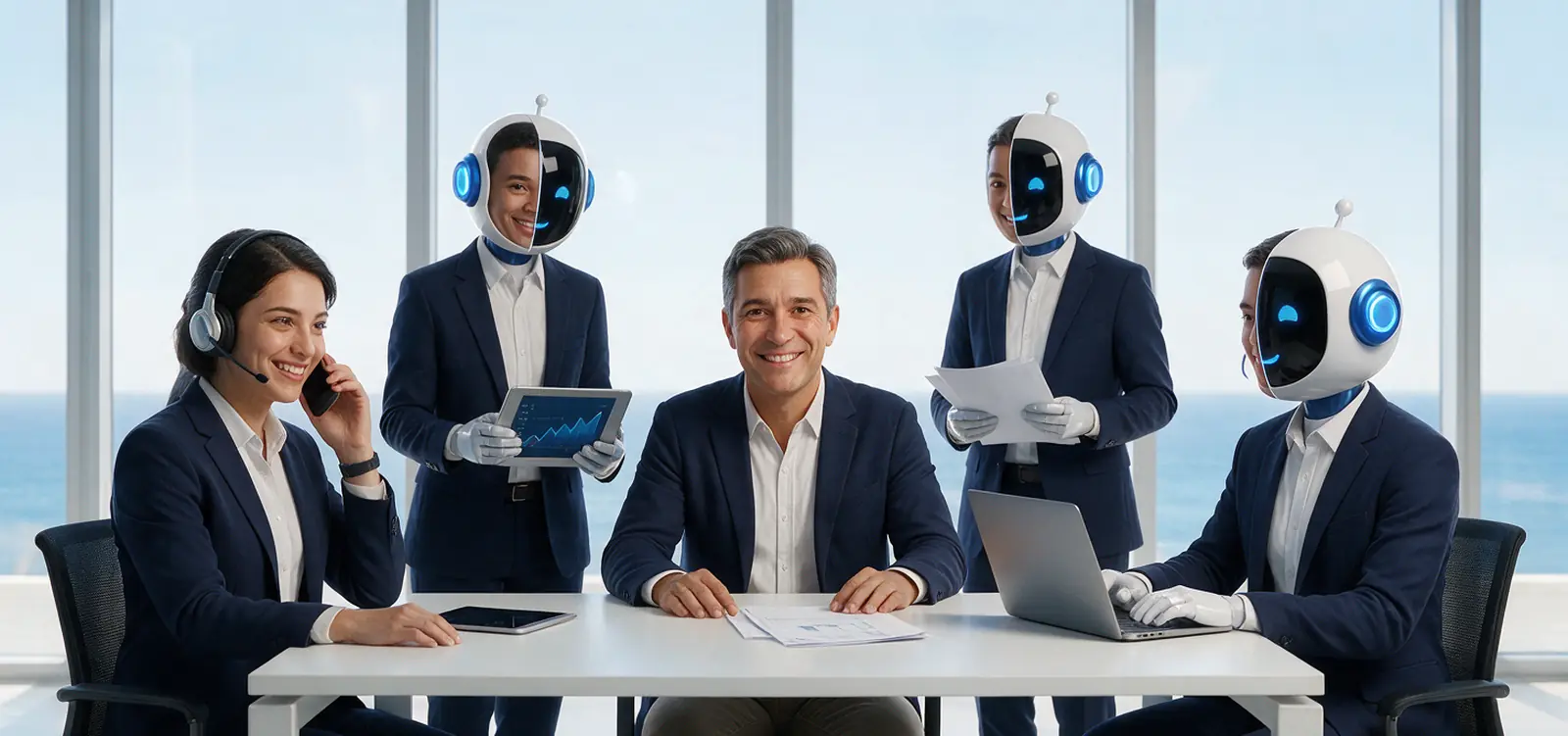 Un empresario con su equipo de empleados de inteligencia artificial que le ayudan con llamadas, informes, documentos y gestiones