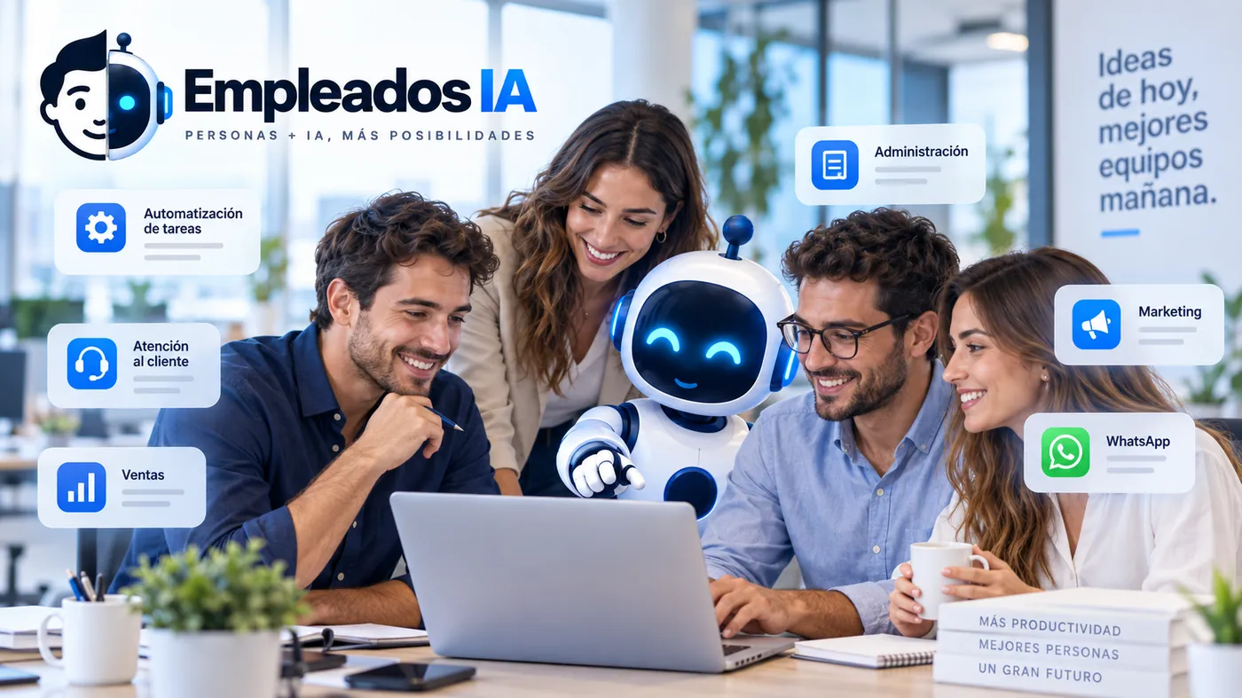 Equipo de personas trabajando con un empleado de IA