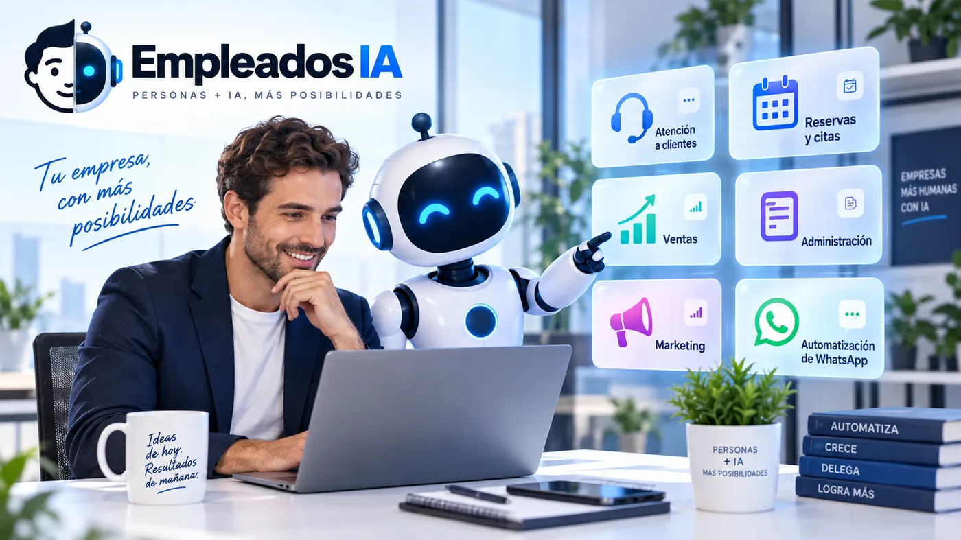 Un empleado de IA señala las áreas de una empresa: atención, ventas, marketing, administración y WhatsApp
