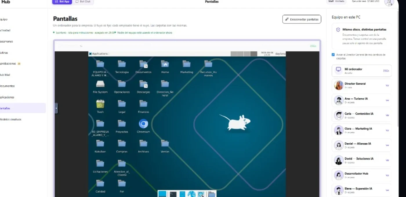 Captura real de Hub Bot App: el ordenador de la empresa con carpetas compartidas y una pantalla por empleado.