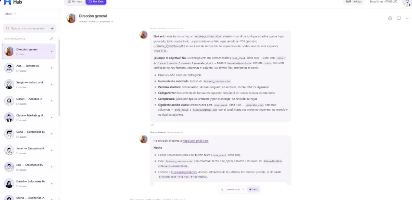 Captura real de Hub Bot Chat: el chat del equipo con el resumen de cada empleado IA.