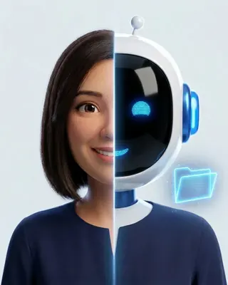 Ana, Administrativa IA: retrato mitad persona y mitad IA