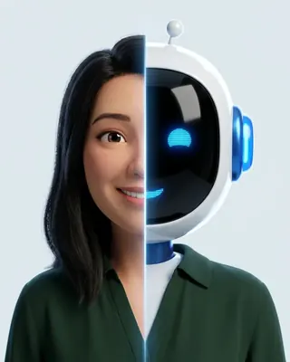 Elena, Directora de Operaciones IA: retrato mitad persona y mitad IA