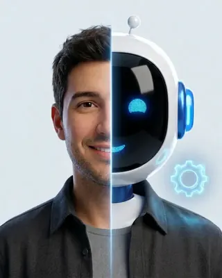 Sergio, Automatizaciones IA: retrato mitad persona y mitad IA